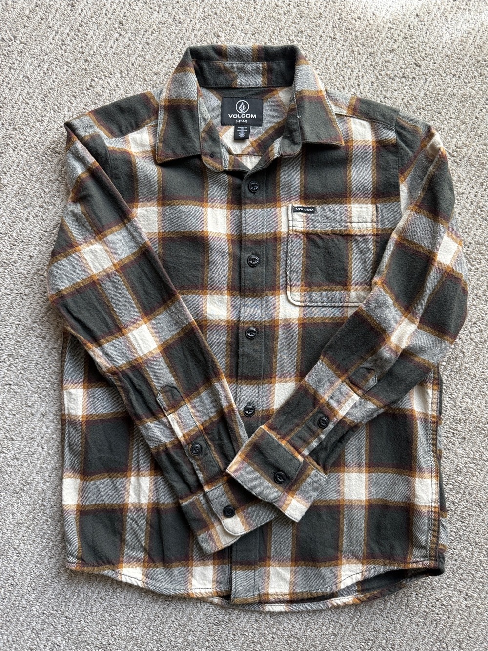 Volcom Boy’s Youth Olive, Cream, multicolored Plaid Button-Down Shirt